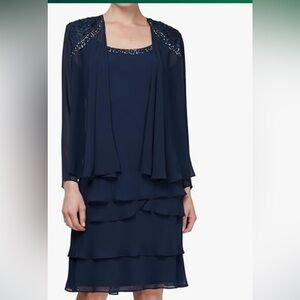 S.L. Fashions Elegant Navy Blue Layered Dress with Jacket